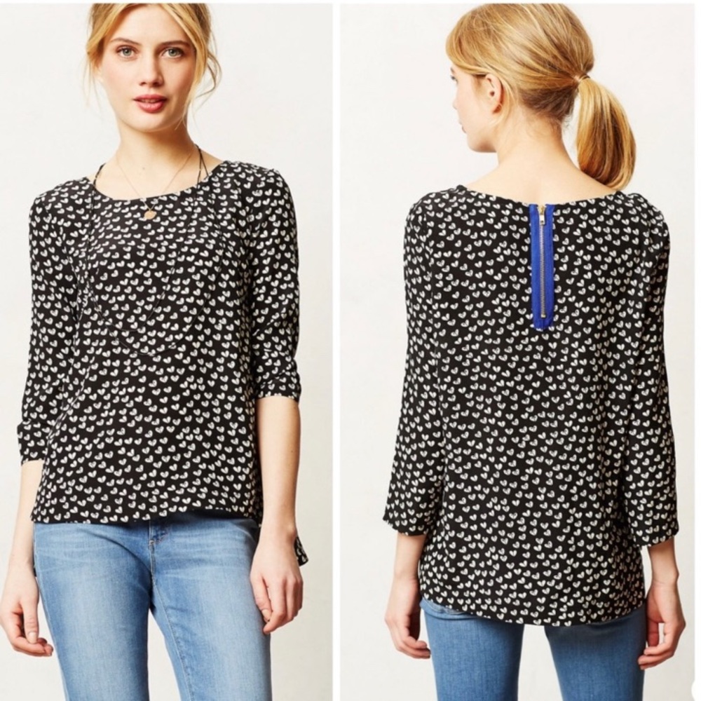 Anthropologie Maeve heart print back-zip blouse Sz L
